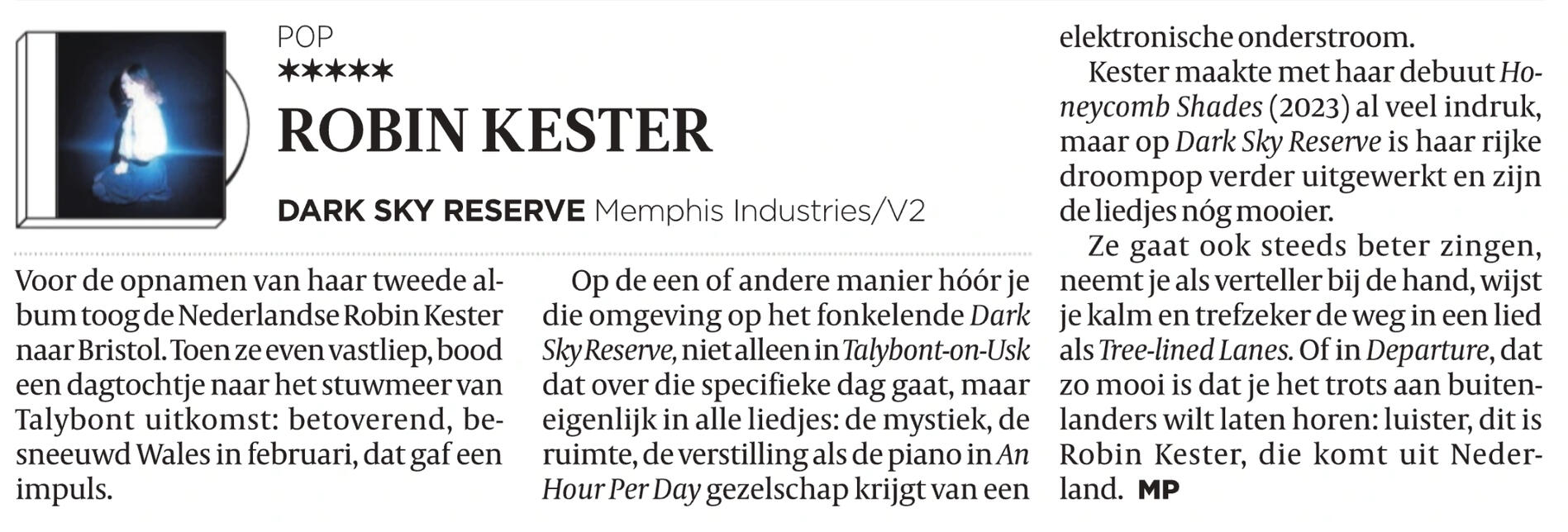 Robin Kester – de Volkskrant Robin Kester – Dark Sky Reserve recensie de Volkskrant